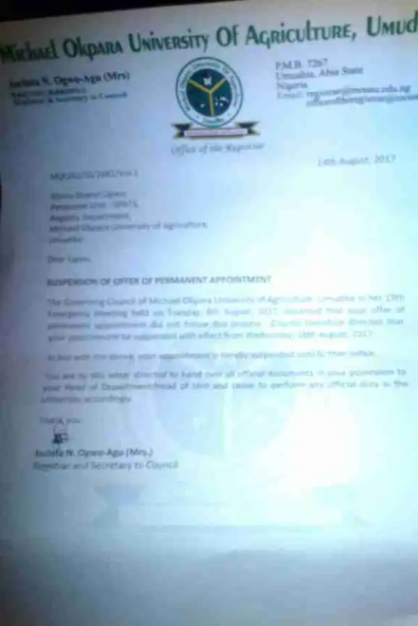 Michael Okpara University Of Agriculture, Umudike Sacks Additional 370 Staff (Pic)